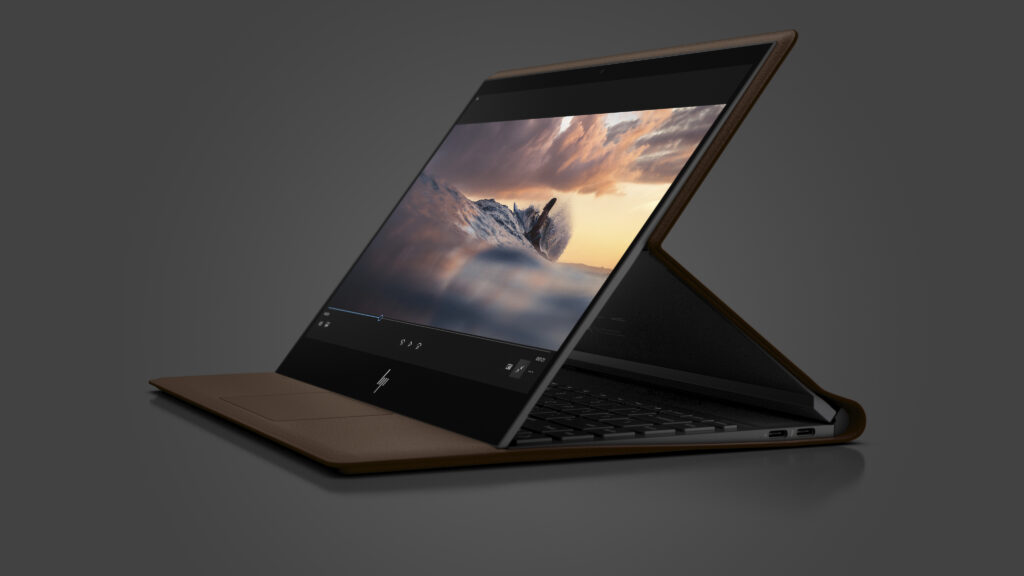 HP Spectre Folio 12 Godzilla CognacBrown T IRcam nonODD nonFPR ScrnSS Hero FrontLeft Forward