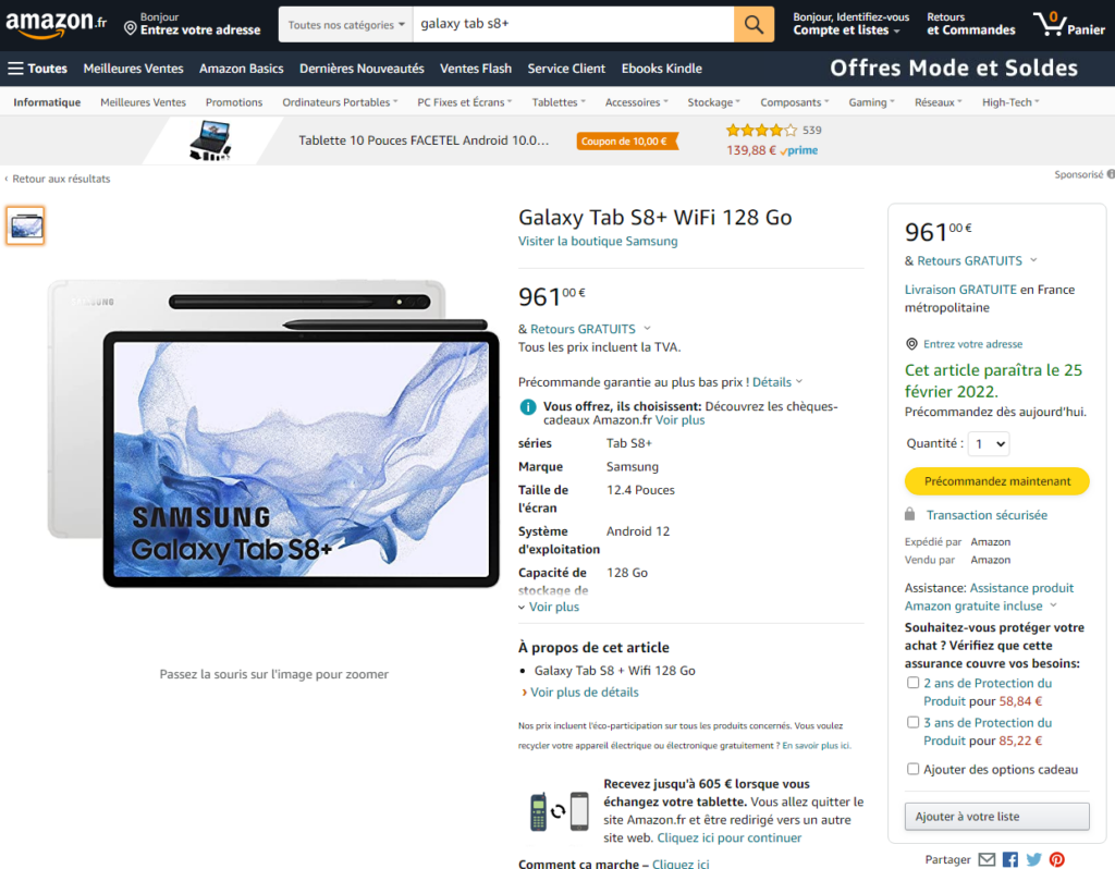 Amazon har lækket hele Samsung Galaxy Tab S8-serien 7 Samsung Galaxy Tab S8 Plus Amazon pris