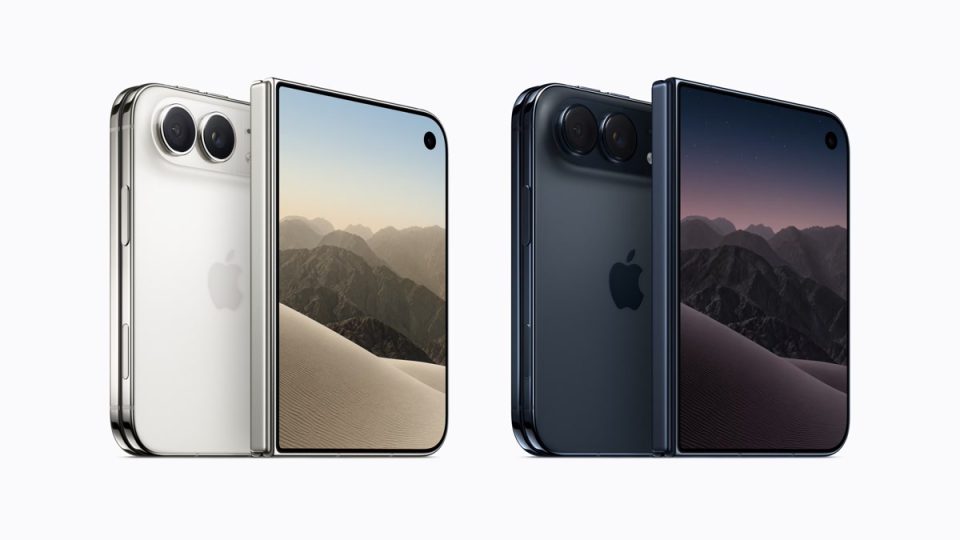 Apples foldbare iPhone Duo i en lys og en mørk farve, vist forfra og bagfra.