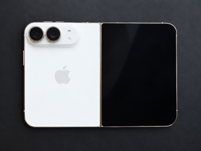 iPhone Duo foldet ud i vandret format med bagsiden til venstre og yderskærmen til højre.